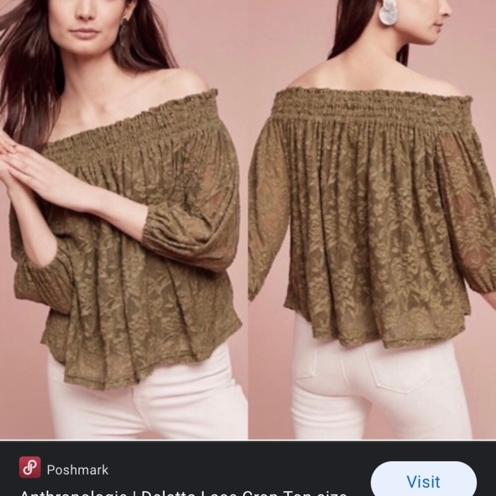 Deletta Anthropology Lace Crop Top‎ Dark Green Brocade Off Shoulder Full
